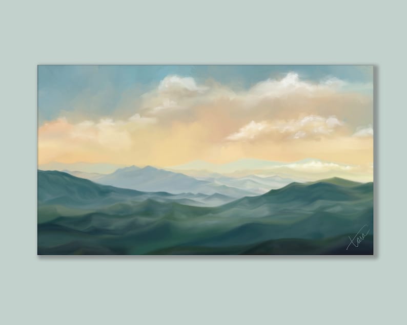 May include: A digital painting of a mountain range with a hazy, blue sky and fluffy white clouds. The mountains are a deep green color and the sky is a soft yellow.