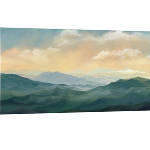 May include: A painting of a mountain range with a soft, hazy sky in shades of blue and yellow. The mountains are a deep green color and appear to be covered in fog.