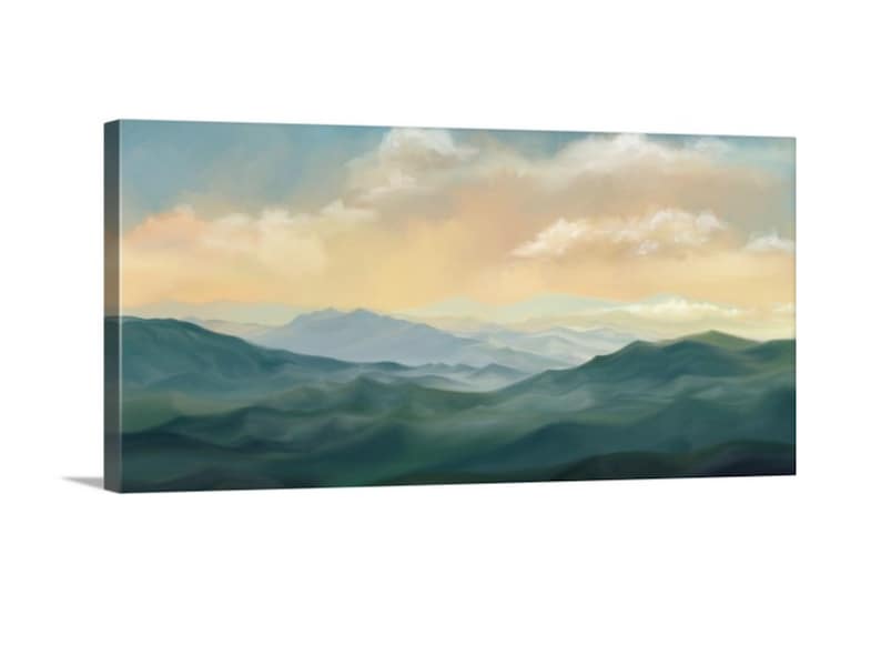 May include: A painting of a mountain range with a soft, hazy sky in shades of blue and yellow. The mountains are a deep green color and appear to be covered in fog.