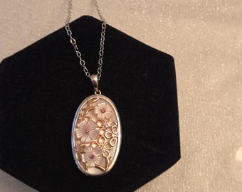 NWOT Sterling Silver, Mother of Pearl and Ruby Dogwood Pendant Necklace