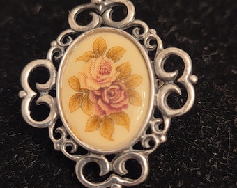 Vintage Ceramic and Sterling Silver Brooch