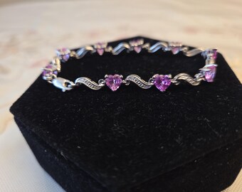 Sterling Silver Pink Topaz Heart and Diamond Accent Tennis Bracelet
