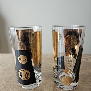 Vintage 1960s Cera 22K Gold and Black Coin Highball Tumbler Glasses