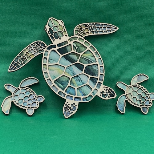 Décoration murale en bois stratifié famille tortue de mer - Lot de 3