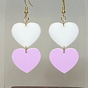 Double Heart Dangle Earrings: White and Lavender Acrylic