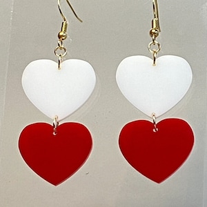 Double Heart Dangle Earrings: Red and White Acrylic, Valentine&#39;s Gift