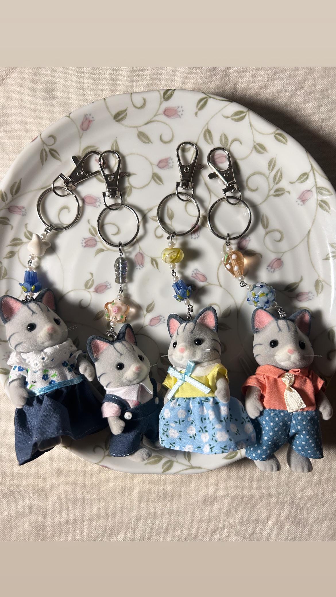Grey Striped Cat Family Calico Cottagecore Kawaii Animal Critter Beaded Keychains