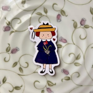 Red Head French School Girl Blue Dress Yellow Hat Sticker