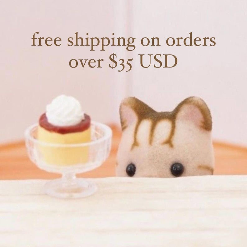 May include: A small, white cat with brown stripes peeks over a wooden table. A clear glass dessert dish holds a small, round dessert with a white whipped cream topping and a red filling. The text "free shipping on orders over $35 USD" is displayed above the cat.