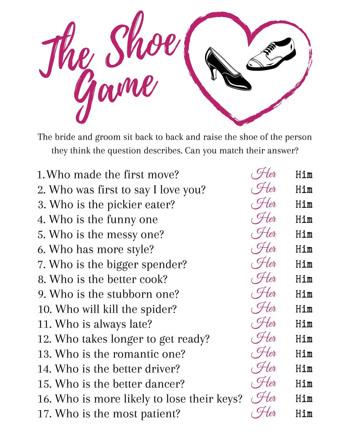 The Wedding Shoe Game Printable Bridal Shower Game Instant Download Etsy