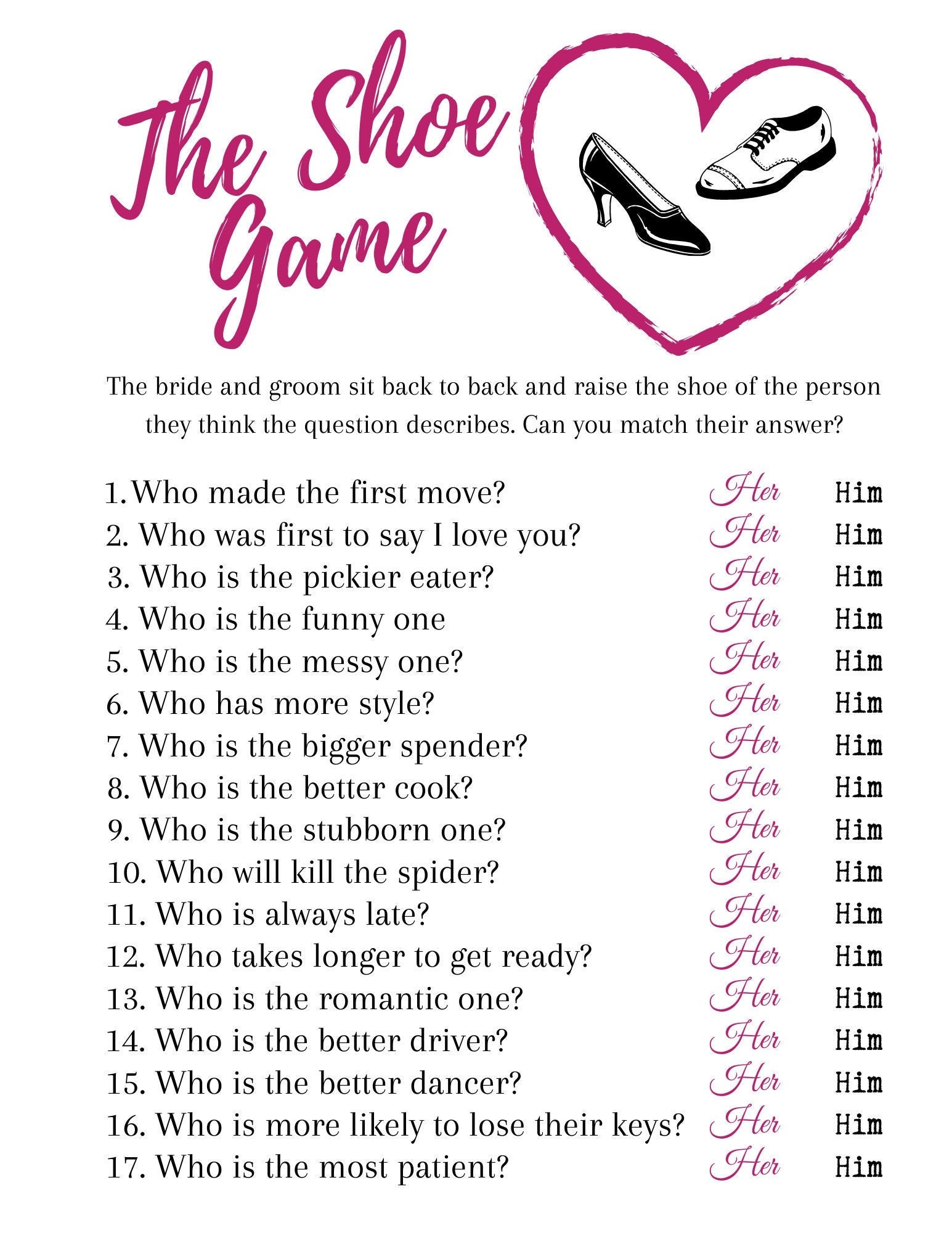 The Wedding Shoe Game Printable Bridal Shower Game Instant Etsy 