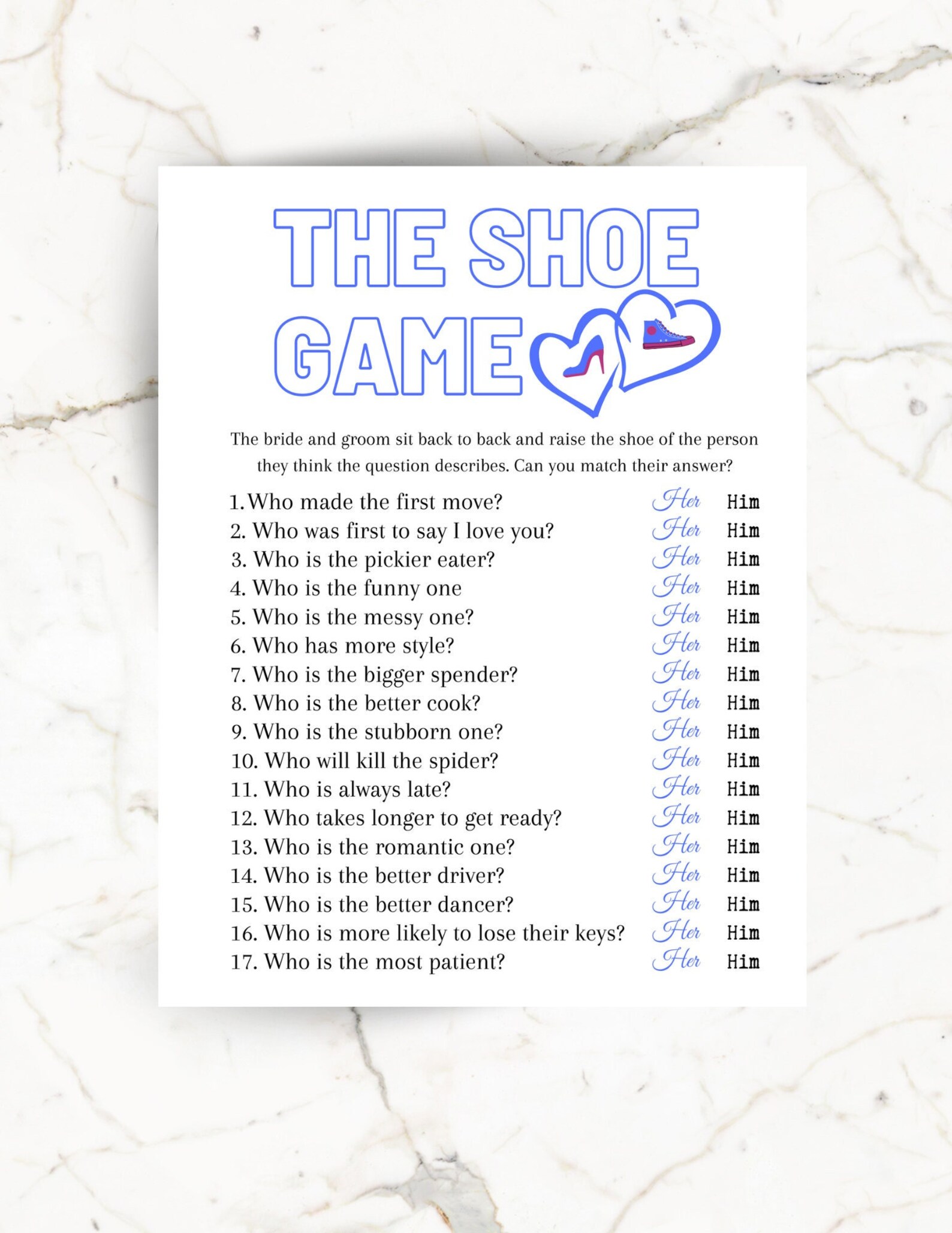 The Wedding Shoe Game Printable Bridal Shower Game Instant Download Etsy