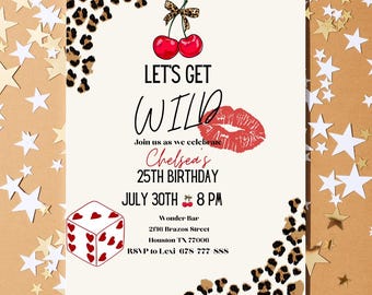 Cherry & Cheetah 25e verjaardagsuitnodiging | Glam uitnodiging voor verjaardagsdiner met dierenprint | Digitale uitnodiging