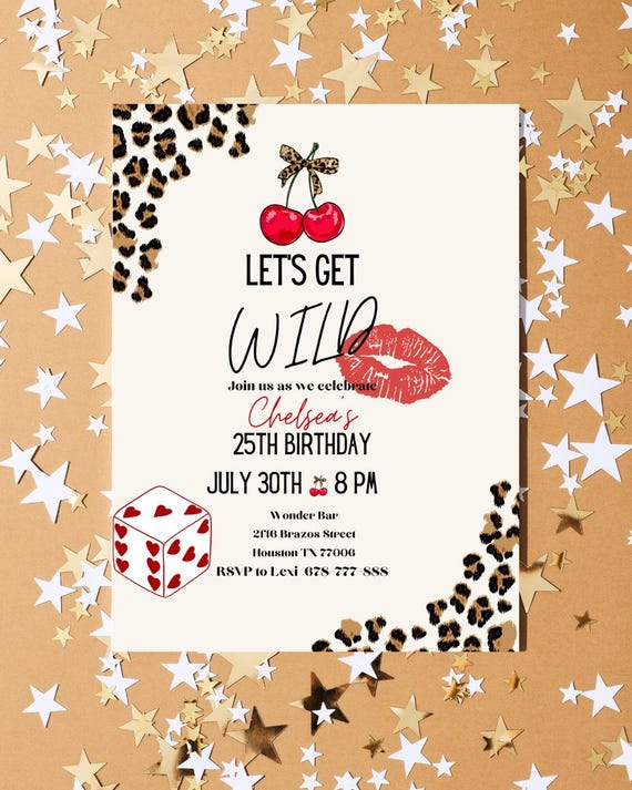 Cherry & Cheetah 25th Birthday Invitation | Glam Animal Print Birthday Dinner Party Invite | Digital Invitation