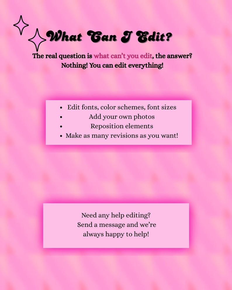 May include: Pink graphic with the text "What Can I Edit?" and a list of editing options: fonts, color schemes, photos, and repositioning elements. The image also states "You can edit everything!"