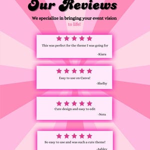 May include: Pink and white graphic with the text "Our Reviews" in a retro font. The image includes customer testimonials with star ratings and phrases like "Easy to use on Canva!" and "Cute design and easy to edit."