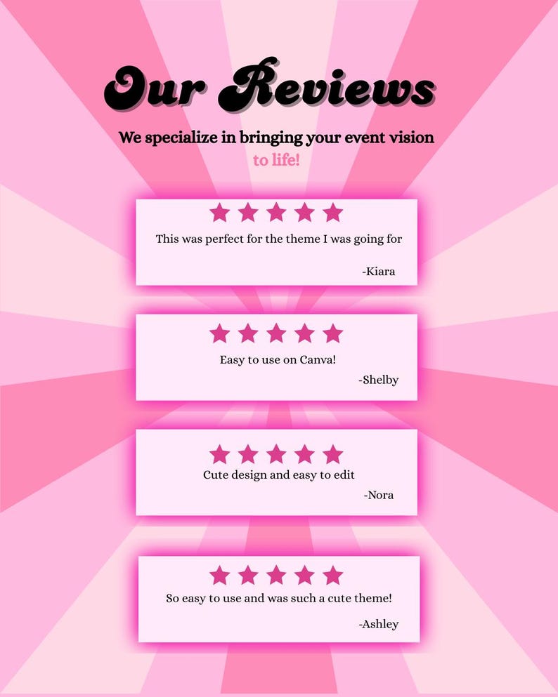 May include: Pink and white graphic with the text "Our Reviews" in a retro font. The image includes customer testimonials with star ratings and phrases like "Easy to use on Canva!" and "Cute design and easy to edit."