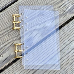 May include: Two rectangular, transparent acrylic planner covers featuring a series of circular punch holes along one side. The covers are held together by two sets of gold-colored metal disc-bound rings, each set containing three individual rings.