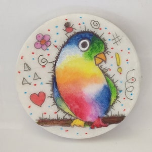Love bird WHIMSICAL art, Handmade painted Rock. Animal Lovebird hand-painted rock O5