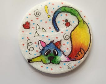 Hand-Painted Cat Rock: Whimsical Animal Art