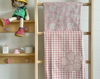 Pink Floral and Gingham Handmade Embroidered 100% Cotton Baby Throw Blanket. Nursery blanket. Cot Blanket.