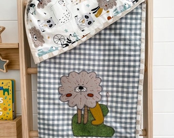 Lion Handmade Embroidered 100% Cotton Baby Throw Blanket. Nursery blanket. Cot Blanket.