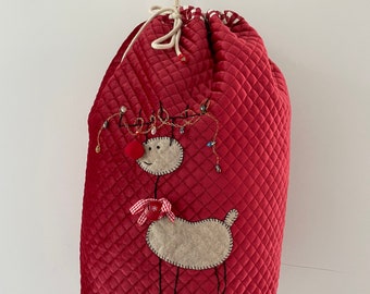 Rudolph in Christmas Lights Red Velvet Christmas Sack. Christmas stocking. Handmade. Personalised.