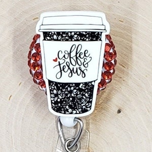 Coffee & Jesus Badge Reel | Tumbler Badge Reel | Barista ID Holder | Caffeine Name Clip | Nurse Teacher Fuel Retractable Badge Reel | Java