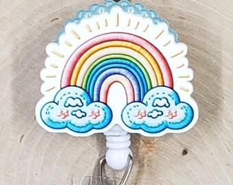 Bobine de badge nuages arc-en-ciel et soleil | Badge rétractable Nature | Support pour carte d'identité météo | Bobine d'insigne de météorologie | Bobine de badge rétractable Sky