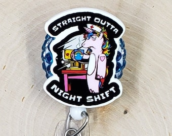 Funny "Straight Outta Night Shift" Badge Reel Holder - Shark Clip, Retractable ID Badge Holder For Nurses, Doctors