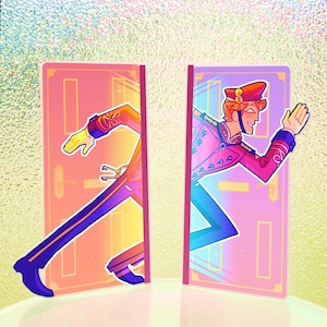 May include: Illustration of a person in a military-style uniform, running through a door. The artwork features vibrant colors, including pink, purple, and yellow. The door is a light pink with gold accents.