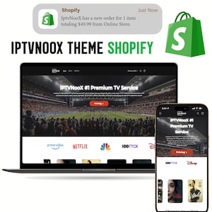 Może przedstawiać: Laptop i smartfon prezentują motyw IPTVNooX dla Shopify. Laptop wyświetla stronę internetową z tekstem "IPTVNooX #1 Premium TV Service". Telefon wyświetla tę samą stronę. Widoczne jest logo Shopify.