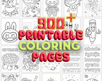 May include: A collection of over 900 printable coloring pages. The pages feature various themes, including animals, characters, and educational content. The image includes the text "900+ Printable Coloring Pages".