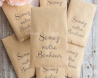 Sachets de graines à semer à offrir aux invités de votre mariage semez notre bonheur amour macaronetconfetti cadeau invité graines