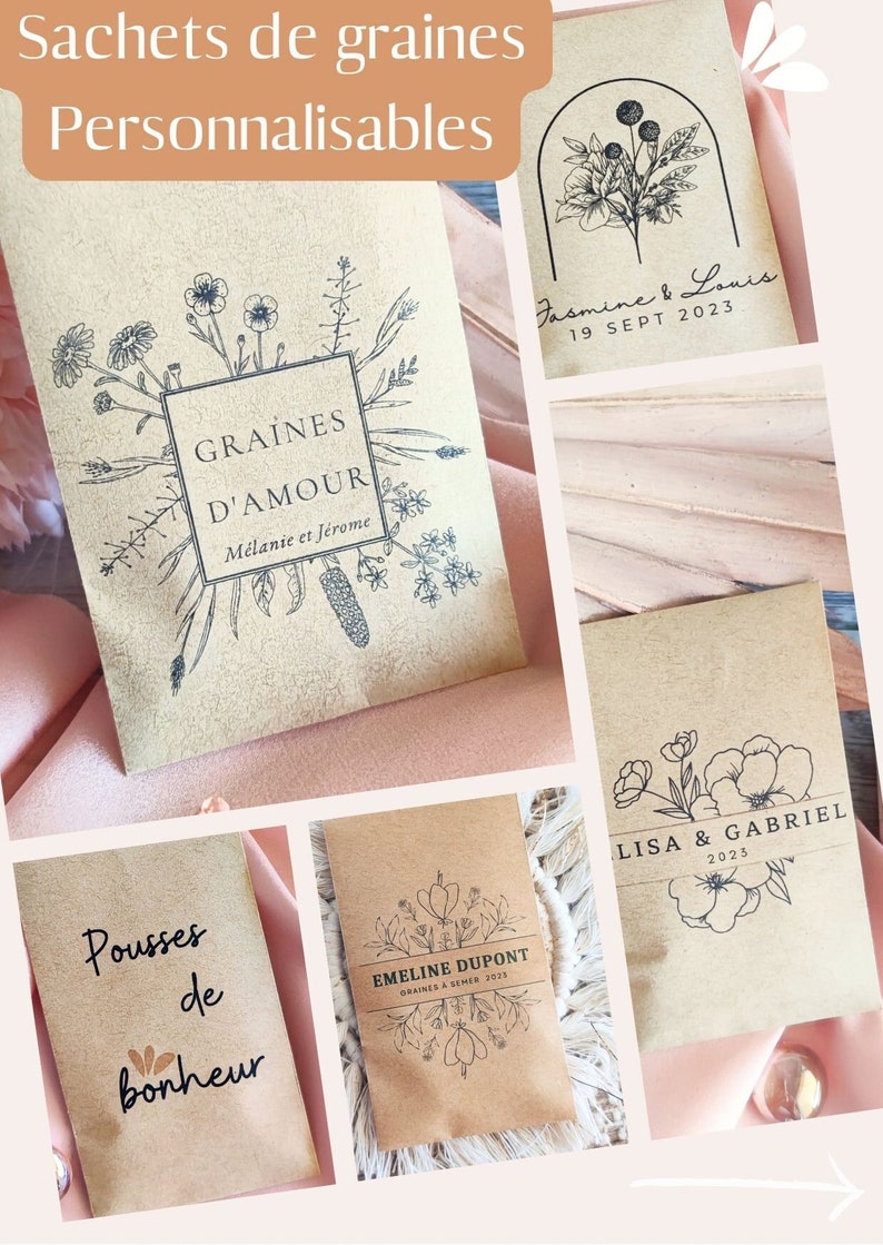 Lot de sachets de graines personnalisable graines à semer cadeau invités mariage pacs fête semez bonheur amour viens on sème naturel écolo image 1