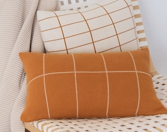 Lumi living 100% Soft Cotton Knitted Modern Grid Lumbar Throw Pillow Cover 12x20 (Burnt Orange)