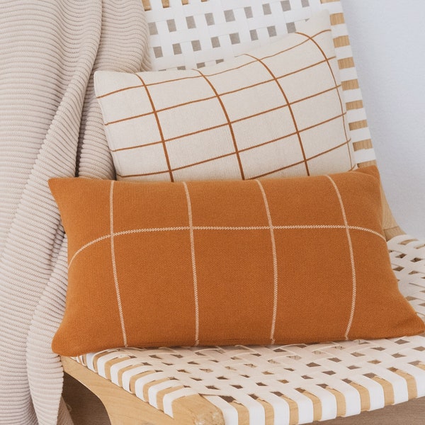 Lumi living 100% Soft Cotton Knitted Modern Grid Lumbar Throw Pillow Cover 12x20 (Burnt Orange)