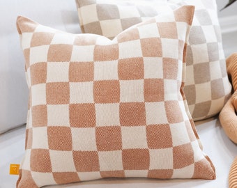 Cotton Knit Throw Pillow Cover: Modern Geometric Checkers, Burnt Orange / Cacao