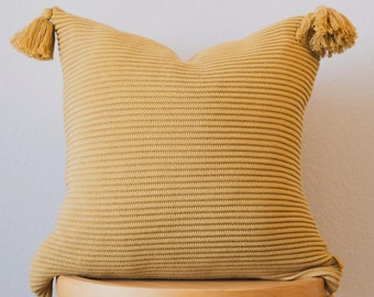 Lumi Living 100% Soft Cotton Raised Stripes Textured Rib Knit Throw Pillow Cover with Tassels (Muted Mustard Yellow / Golden Olive Green)