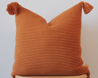 Lumi Living 100% Soft Cotton Raised Stripes Textured Rib Knit Throw Pillow Cover with Tassels (Burnt Orange)