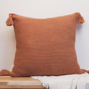 Lumi Living Soft Cotton Rib Knit Textured Throw Pillow Cover with Tassels Rust 18x18 image 1