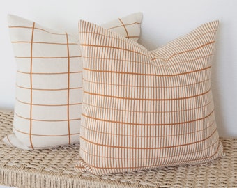 Lumi living 100% Soft Cotton Knitted Modern Grid Throw Pillow Cover 18x18 (Burnt Orange & Light Beige)