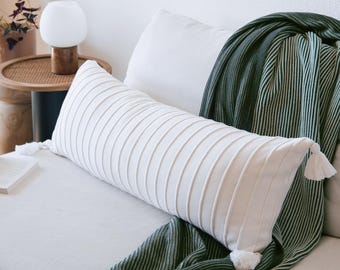 Lumi Living Cotton Textured Stripes Lumbar Pillow Cover with Tassels (14x36 Neutral Tones)