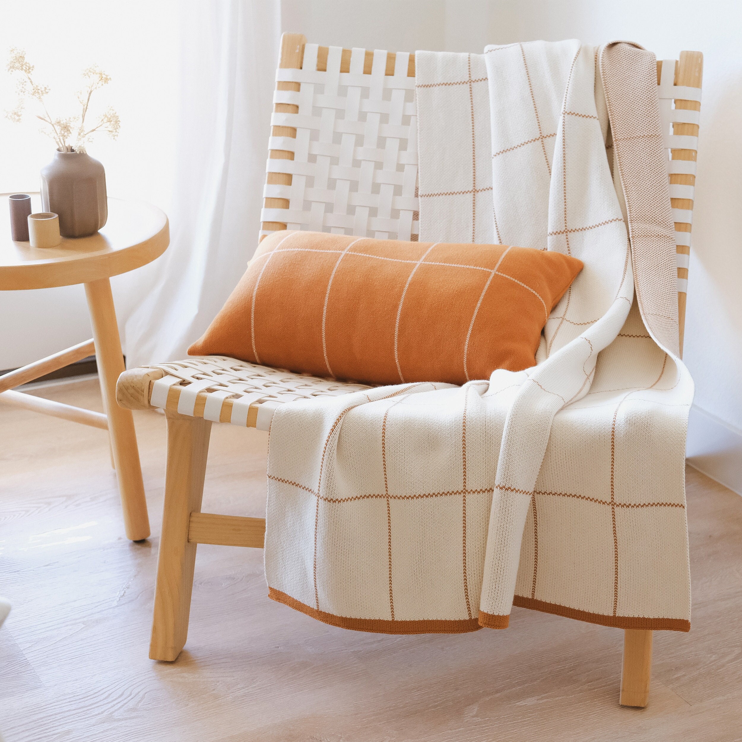 Lumi Living 100% Soft Cotton Modern Geometric Grid Throw Blanket New (Burnt Orange / Cacao)