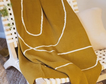 Lumi Living 100% Soft Cotton Modern Minimal Abstract Line Knit Throw Blanket New(Golden Olive Green / Mustard Green)