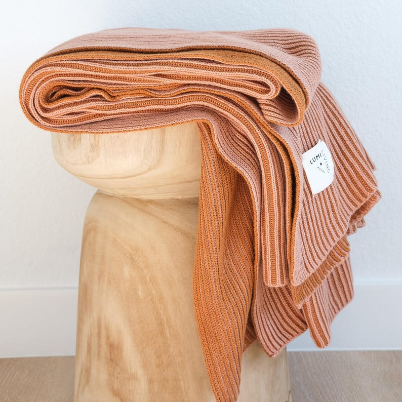 100% Cotton Two Toned Rib Knit Throw Blanket (50x60 Burnt Orange & Pink Clay)