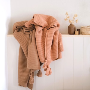 Lumi Living 100% Soft Cotton Textured Raised Stripes Rib Knit Throw Blanket with Tassels (Clay Blush or Mocha)
