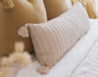 Lumi Living 100% Soft Cotton Textured Stripes Throw Pillow Cover with Tassels 14x36 ( Three Colors Available)