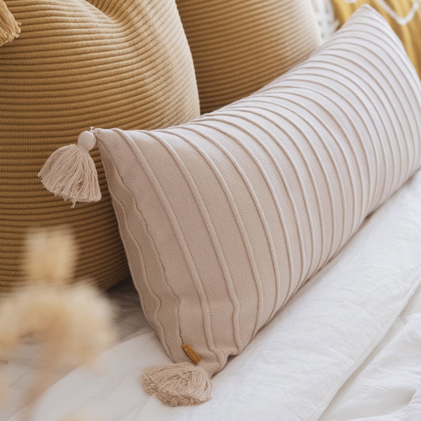 Lumi Living 100% Soft Cotton Textured Stripes Throw Pillow Cover with Tassels 14x36 ( Three Colors Available)