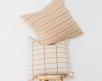 Lumi Living Cotton Knitted Grid Pillow Cover: Modern Burnt Orange Beige (18x18)